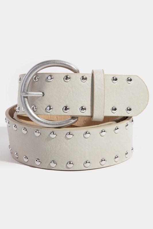 Studded Faux Leather Belt - IVORY/SILVER