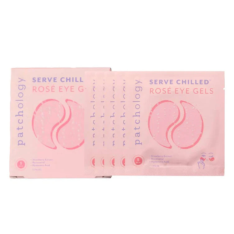 Patchology Serve Chilled Rosé Eye Gels pink under eye masks with strawberry extract, resveratrol, and hyaluronic acid for hydration and tired eyes.