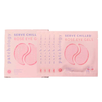 Patchology Serve Chilled Rosé Eye Gels pink under eye masks with strawberry extract, resveratrol, and hyaluronic acid for hydration and tired eyes.