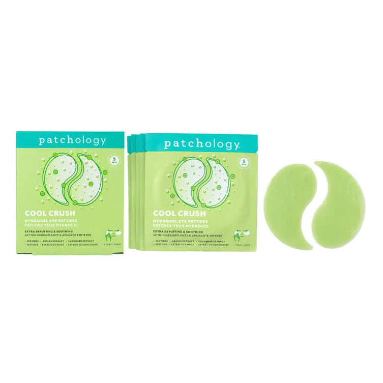 Patchology Cool Crush hydrogel eye patches with peptides, arnica, and cucumber extract for soothing, depuffing, and refreshing tired under eyes.