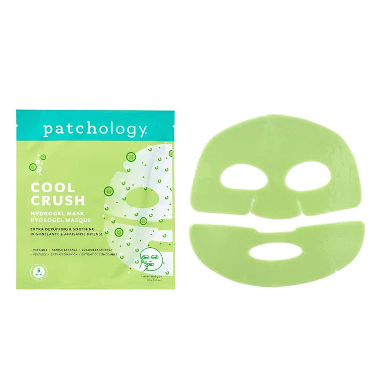 Patchology Cool Crush hydrogel face mask with peptides, arnica, and cucumber extract for soothing, depuffing, and refreshing tired skin.