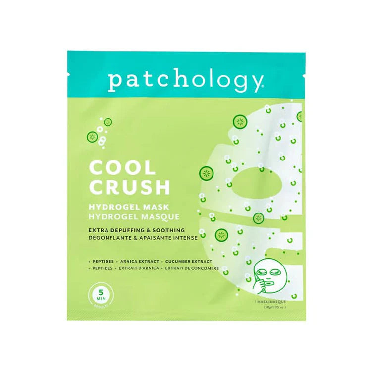 Patchology Cool Crush hydrogel face mask with peptides, arnica, and cucumber extract for soothing, depuffing, and refreshing tired skin.