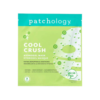 Patchology Cool Crush hydrogel face mask with peptides, arnica, and cucumber extract for soothing, depuffing, and refreshing tired skin.