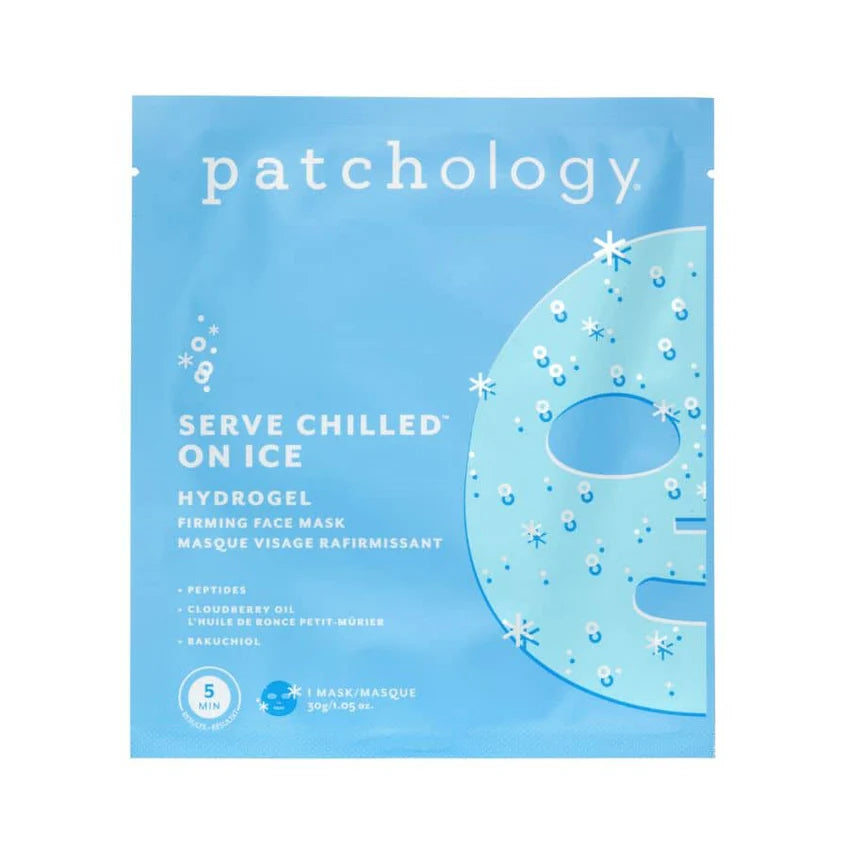 Patchology Serve Chilled On Ice hydrogel firming face mask with peptides, cloudberry oil, and bakuchiol for refreshing, cooling skincare.