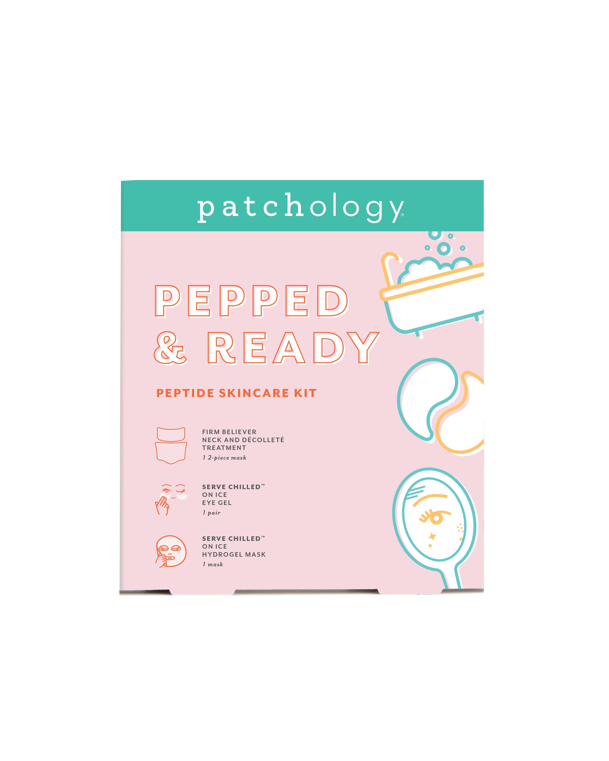 Patchology Pepped & Ready peptide skincare kit with neck treatment, cooling eye gels, and hydrogel face mask for refreshed, firmer-looking skin.