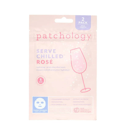 Patchology Serve Chilled Rosé hydrating sheet mask 2 pack with strawberry extract, resveratrol, and hyaluronic acid for refreshing skincare.