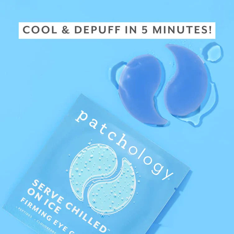 Patchology product packaging with blue gel and text 'Cool & Depuff in 5 Minutes' on a white background.