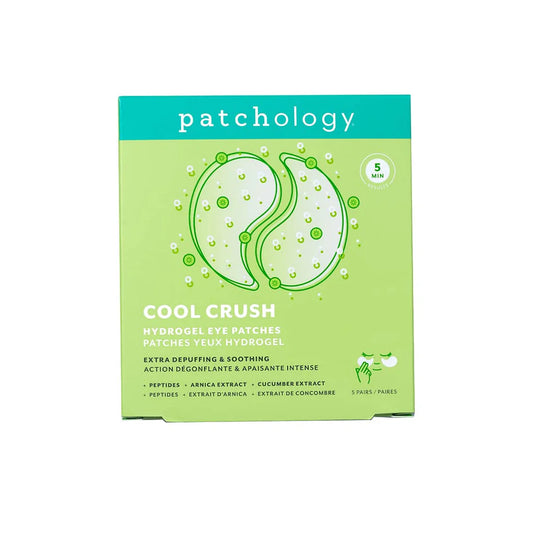Patchology Cool Crush hydrogel eye patches with peptides, arnica, and cucumber extract for soothing, depuffing, and refreshing tired under eyes.