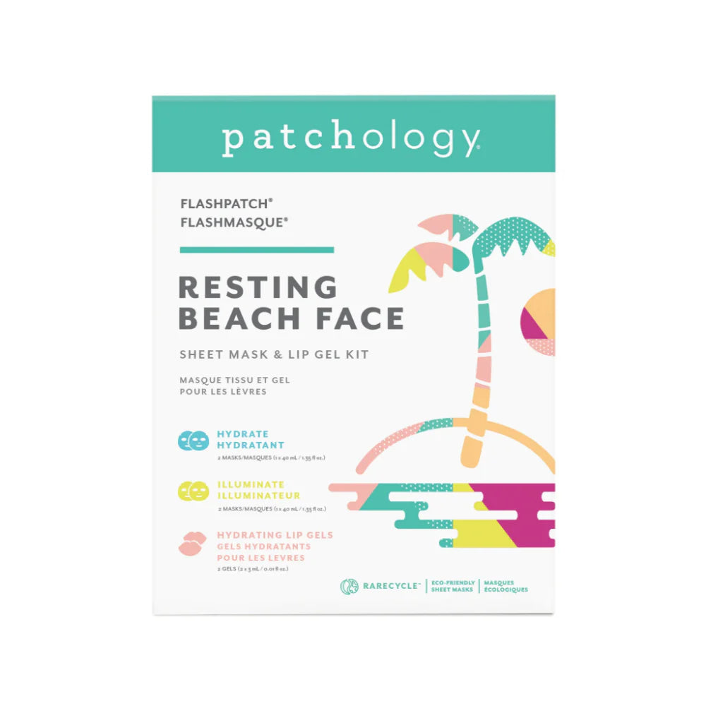Patchology Resting Beach Face sheet mask & lip gel kit packaging on a white background
