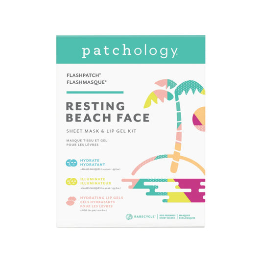 Patchology Resting Beach Face sheet mask & lip gel kit packaging on a white background