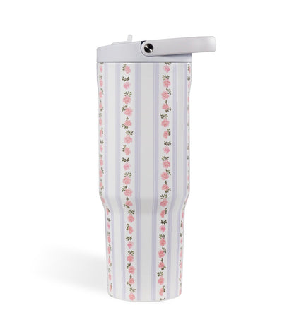 HydroJug floral striped insulated tumbler with straw lid, pink rose print reusable water bottle, aesthetic lavender drinkware for women