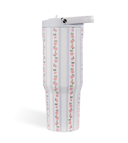 HydroJug floral striped insulated tumbler with straw lid, pink rose print reusable water bottle, aesthetic lavender drinkware for women