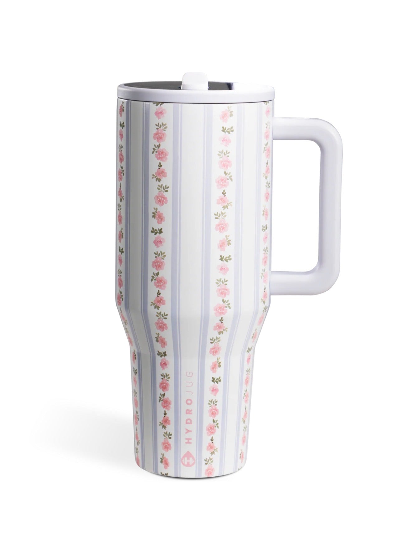 HydroJug 40 oz Floral Tumbler with Handle – Pink Rose Striped Insulated Water Cup with Lid