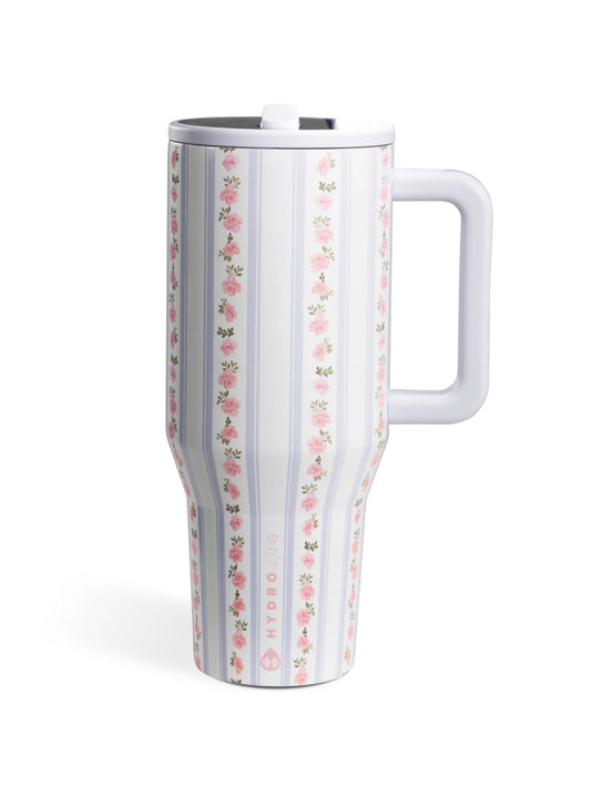 HydroJug 40 oz Floral Tumbler with Handle – Pink Rose Striped Insulated Water Cup with Lid