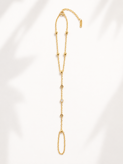 Righteous Right Hand Chain featuring a delicate gold hand chain with sparkling crystal accents, connecting the wrist to the finger, inspired by Isaiah 41:10, waterproof, tarnish resistant, hypoallergenic, and backed by a lifetime warranty.