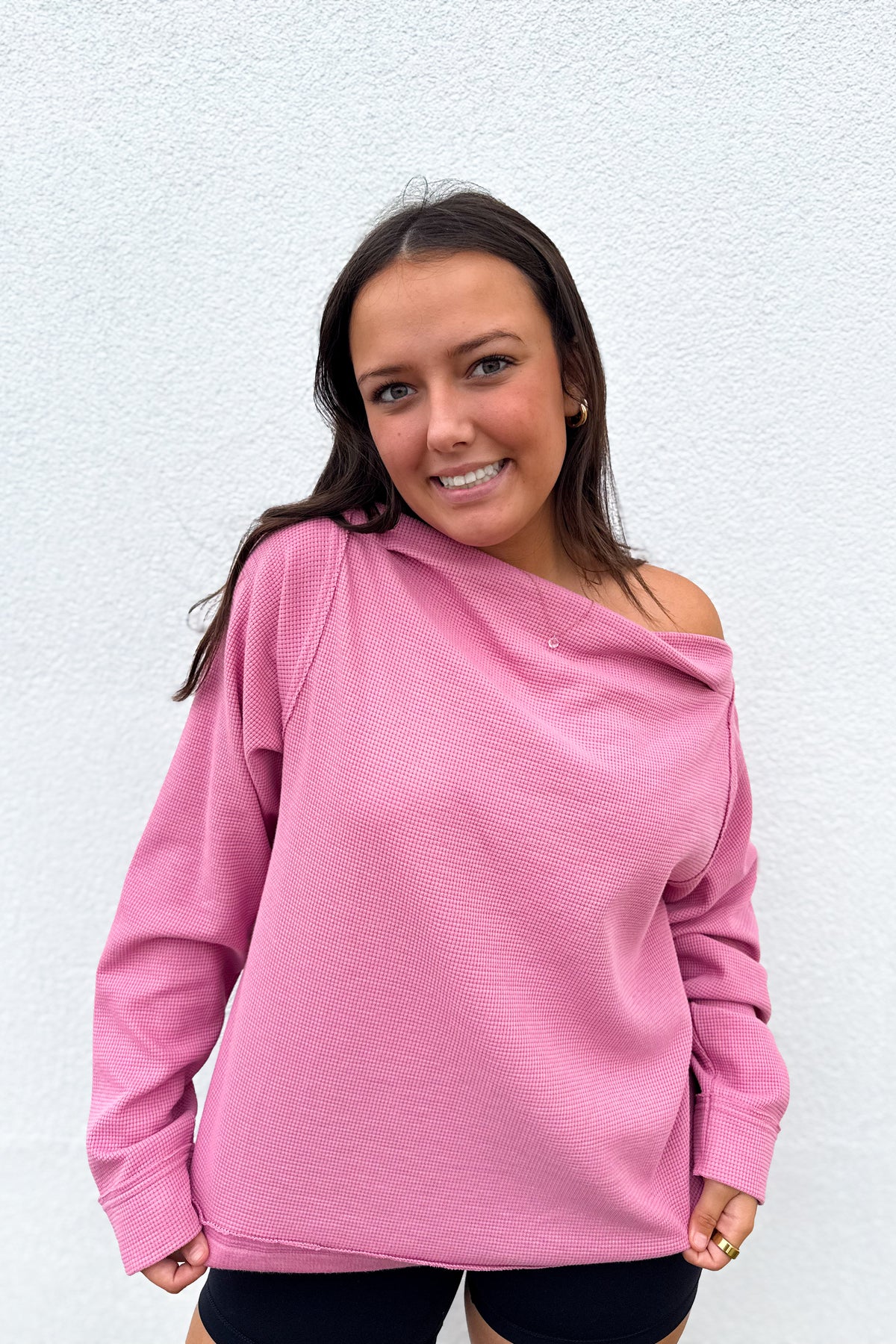 Rose Boat Neck Long Sleeve Top - PINK