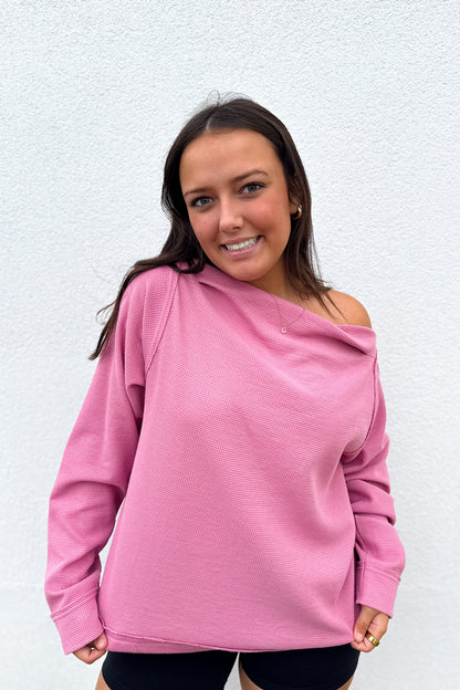 Rose Boat Neck Long Sleeve Top - PINK