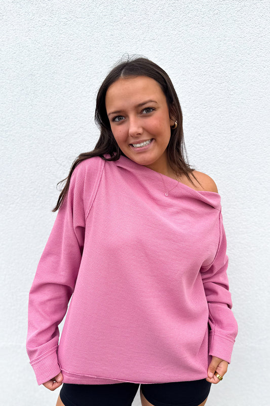 Rose Boat Neck Long Sleeve Top - PINK