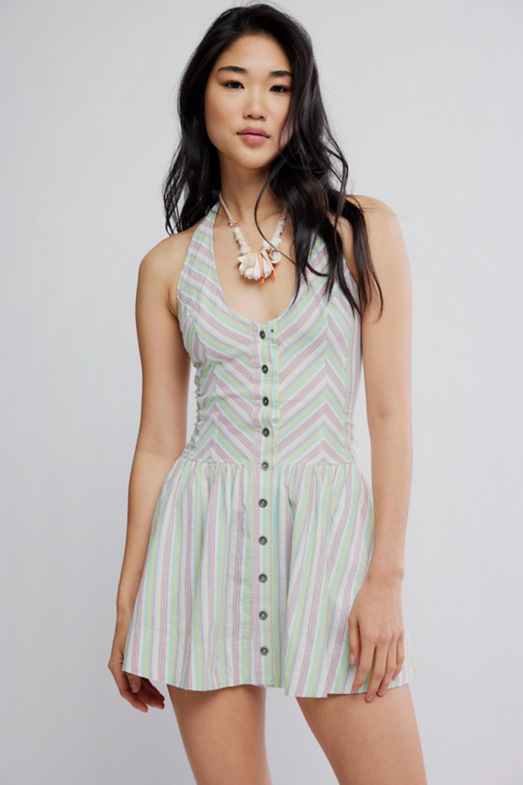 Free People - Clean Break Striped Cotton Halter Mini Dress - Multi