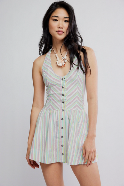 Free People - Clean Break Striped Cotton Halter Mini Dress - Multi