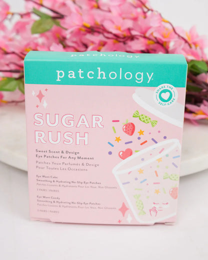 Patchology Sugar Rush eye patch packaging with a floral background