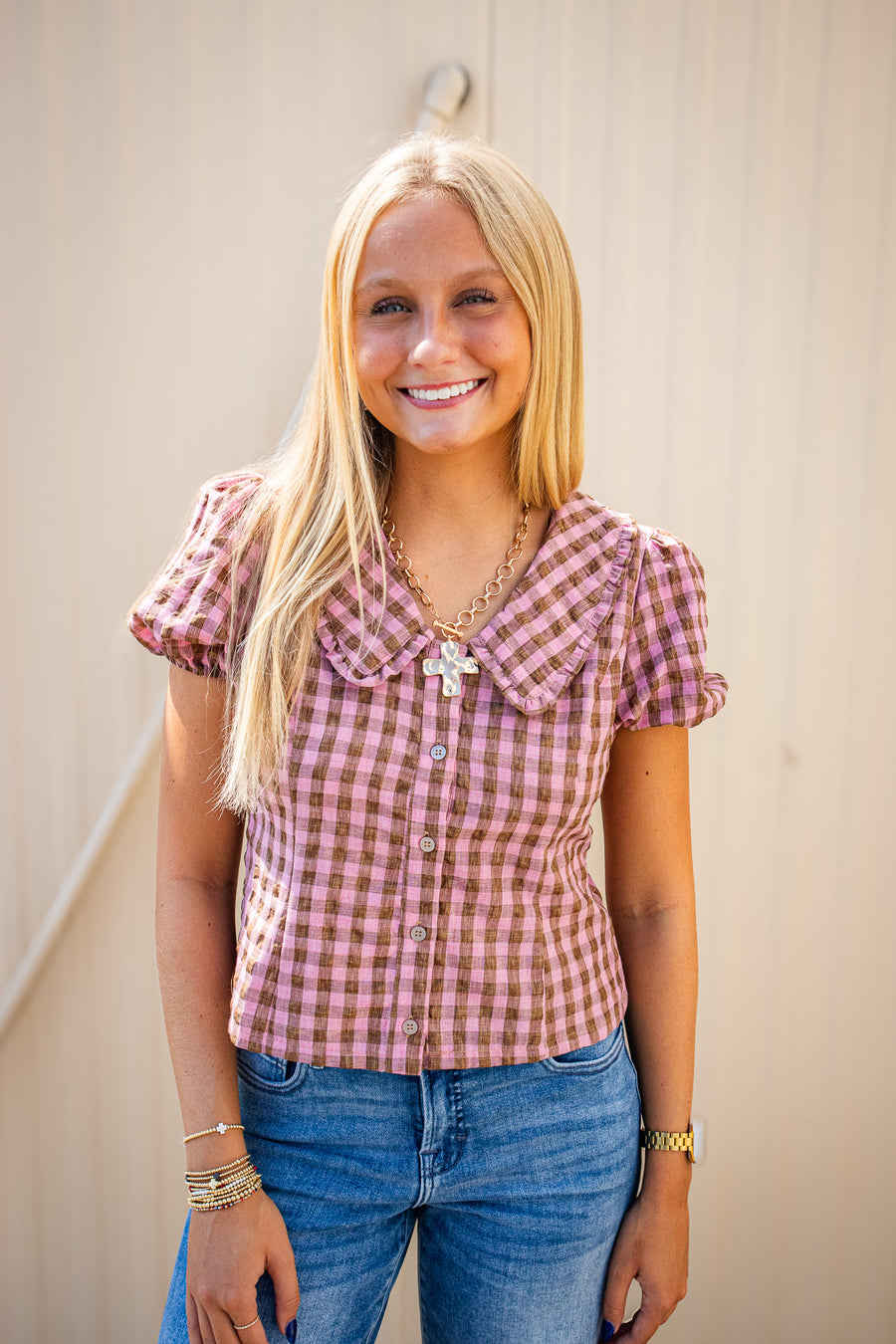 Sunday Stroll Pink & Brown Gingham Plaid Blouse