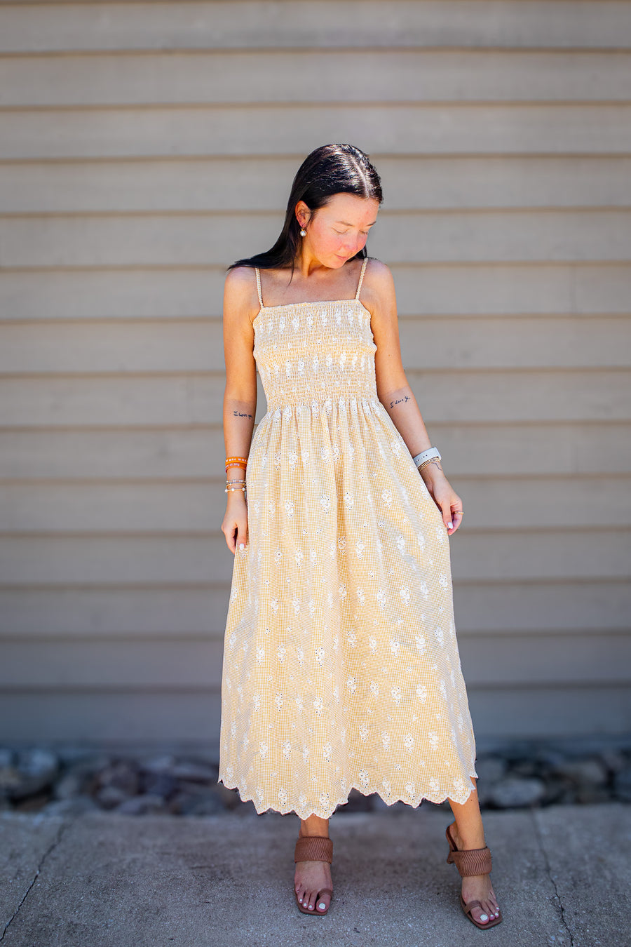 Sunshine Stroll Eyelet Midi Dress - Yellow