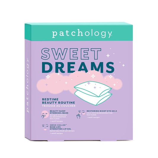 Patchology Sweet Dreams bedtime beauty routine set with sleep mask, night eye gels, and rosé lip gel for hydrating overnight skincare.