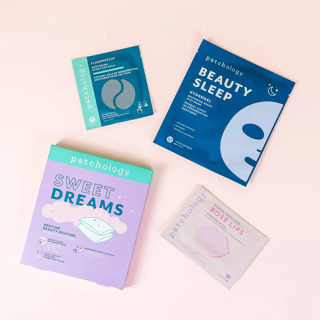Patchology Sweet Dreams bedtime beauty routine set with sleep mask, night eye gels, and rosé lip gel for hydrating overnight skincare.