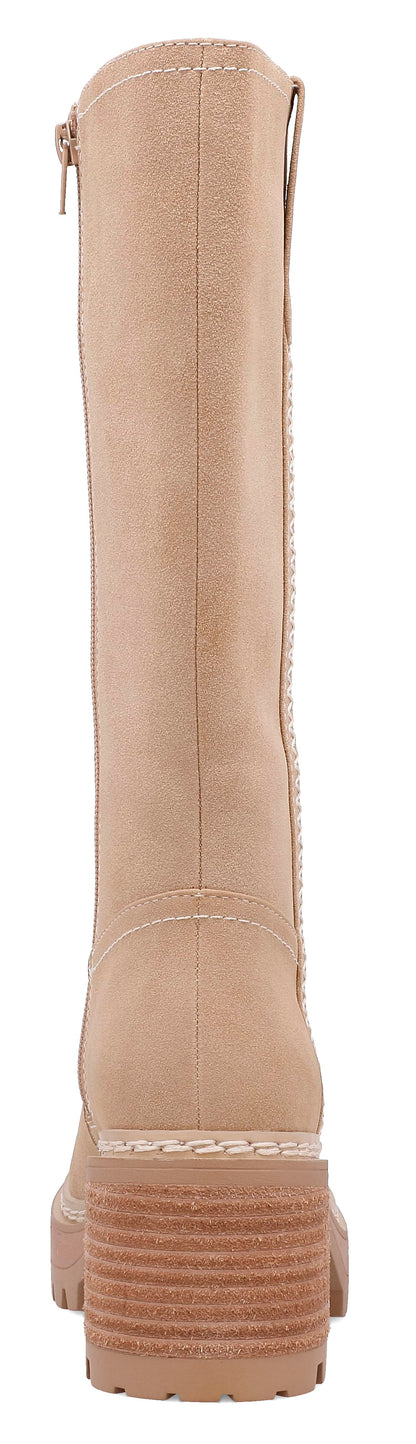 MIA Teirson Tall Boot in Sand: Elevated Embroidered Lug Sole Boot