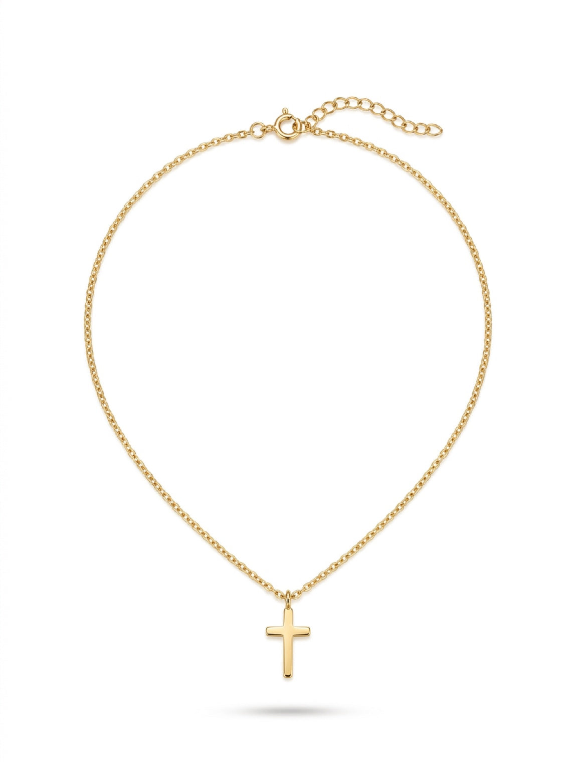 Dainty gold cross necklace featuring a polished gold cross pendant on a delicate adjustable chain, faith-inspired everyday jewelry for women.