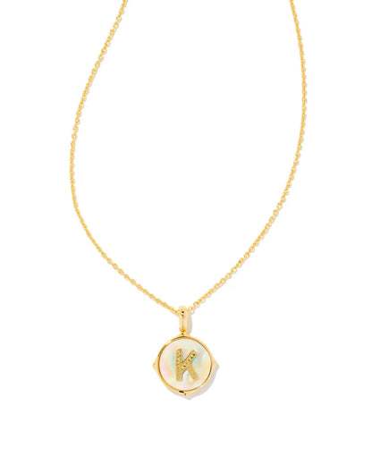 Kendra Scott- Letter Gold Disc Reversible Pendant Necklace in Iridescent Abalone