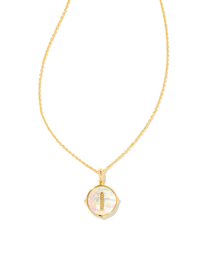 Kendra Scott- Letter Gold Disc Reversible Pendant Necklace in Iridescent Abalone
