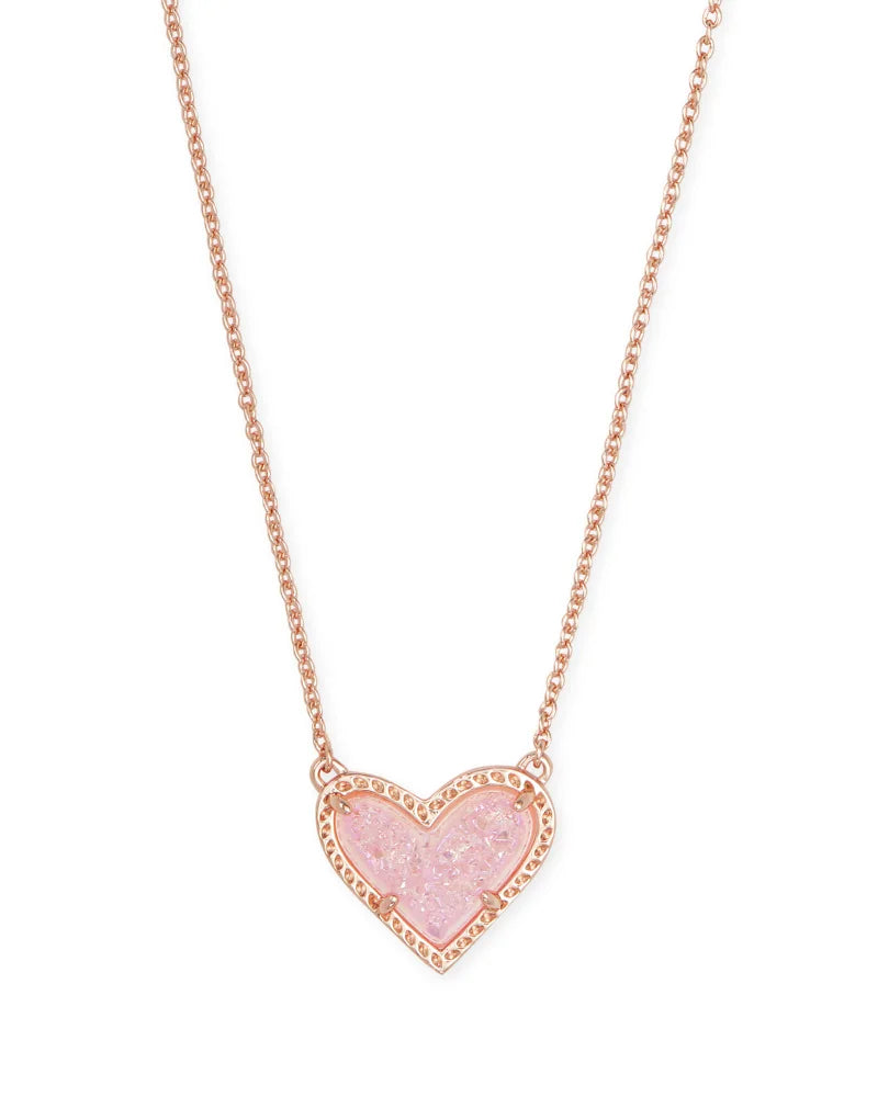 Kendra Scott-Ari Heart Rose Gold Pendant Necklace- LIGHT PINK DRUSY