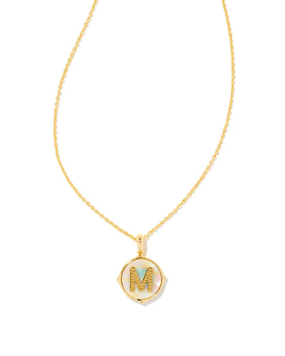 Kendra Scott- Letter Gold Disc Reversible Pendant Necklace in Iridescent Abalone