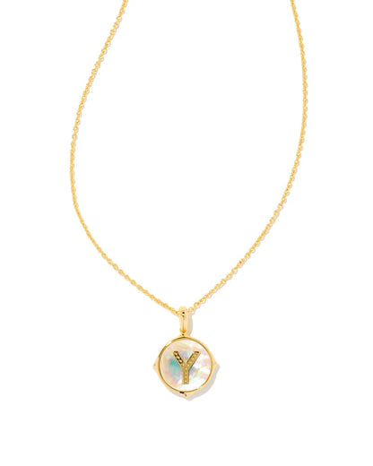 Kendra Scott- Letter Gold Disc Reversible Pendant Necklace in Iridescent Abalone