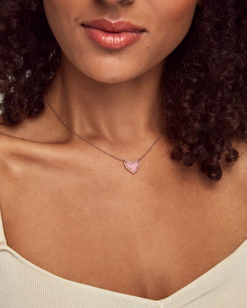 Kendra Scott-Ari Heart Rose Gold Pendant Necklace- LIGHT PINK DRUSY