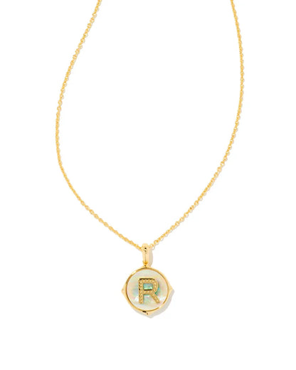 Kendra Scott- Letter Gold Disc Reversible Pendant Necklace in Iridescent Abalone