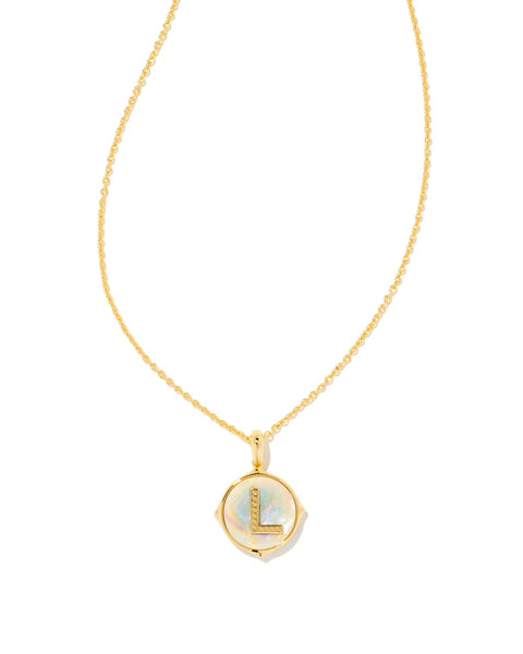 Kendra Scott- Letter Gold Disc Reversible Pendant Necklace in Iridescent Abalone
