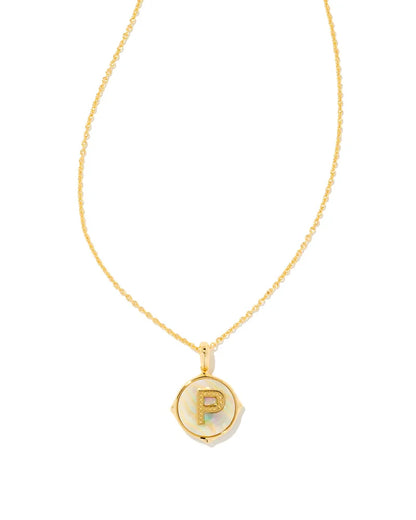Kendra Scott- Letter Gold Disc Reversible Pendant Necklace in Iridescent Abalone