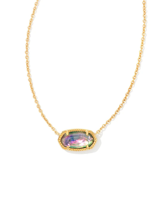 Kendra Scott Elisa Gold Pendant Necklace featuring an iridescent lilac abalone stone in a signature gold-framed setting.