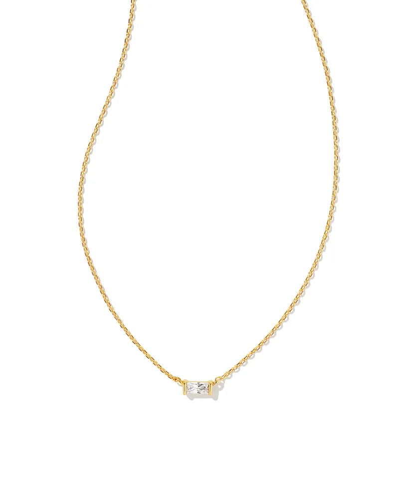 Kendra Scott Juliette Gold Pendant Necklace featuring a white crystal baguette pendant on a delicate gold chain.