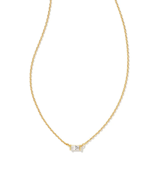 Kendra Scott Juliette Gold Pendant Necklace featuring a white crystal baguette pendant on a delicate gold chain.