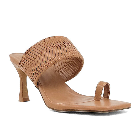 Tan high-heeled sandal with woven design on a white background