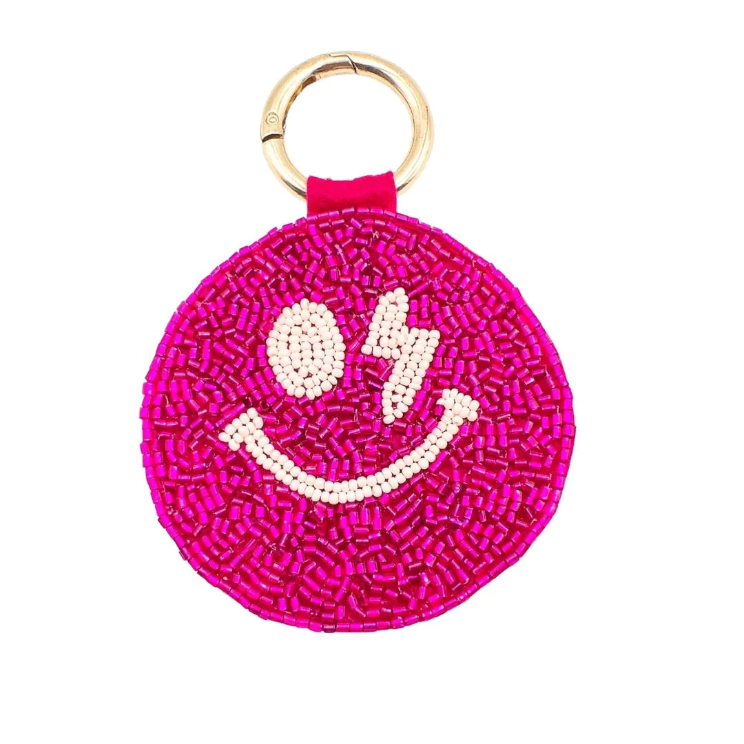 Happy Face Pink Beaded Keychain